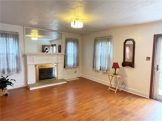 living room featuring a textured ceiling and hardwood / wood-style flooring