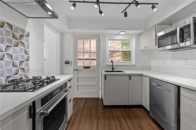 kitchen with sink, stainless steel appliances, white cabinets, range hood, and dark hardwood / wood-style floors