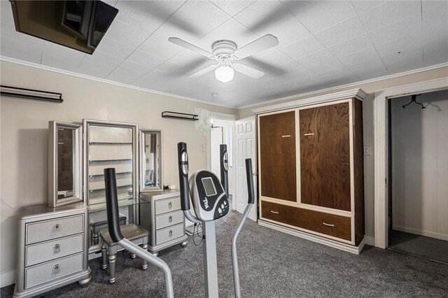 office space with ornamental molding and ceiling fan