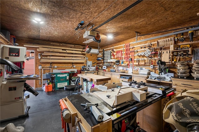 garage featuring a garage door opener and a workshop area