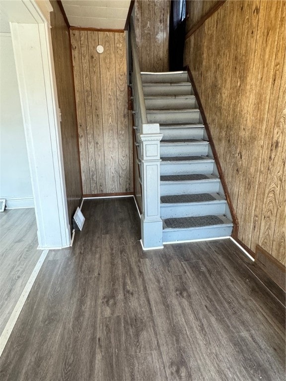 stairway featuring hardwood / wood-style flooring and wood walls