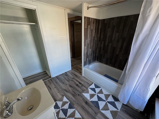 bathroom with vanity, shower / bath combo, and hardwood / wood-style flooring