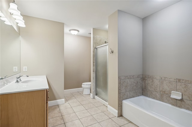 full bathroom with toilet, vanity, independent shower and bath, and tile patterned floors