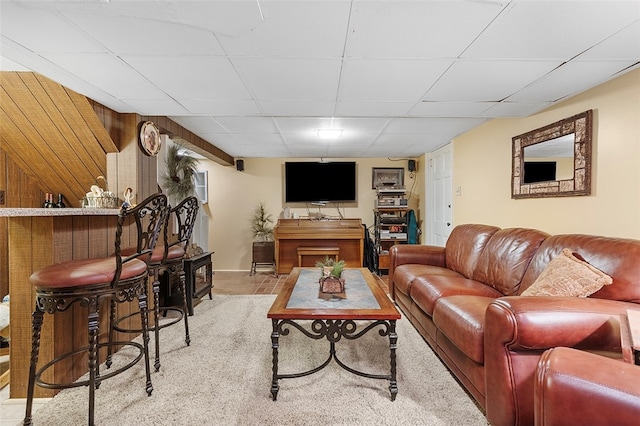 living room with light colored carpet, bar area, and wooden walls