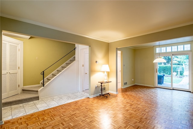 unfurnished living room featuring light parquet floors and crown molding