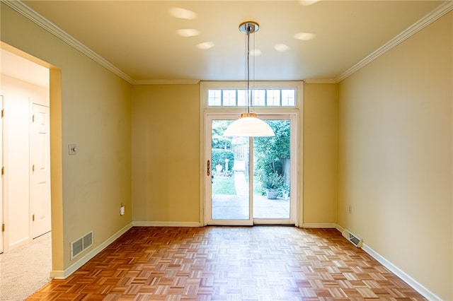 interior space with crown molding and light parquet floors