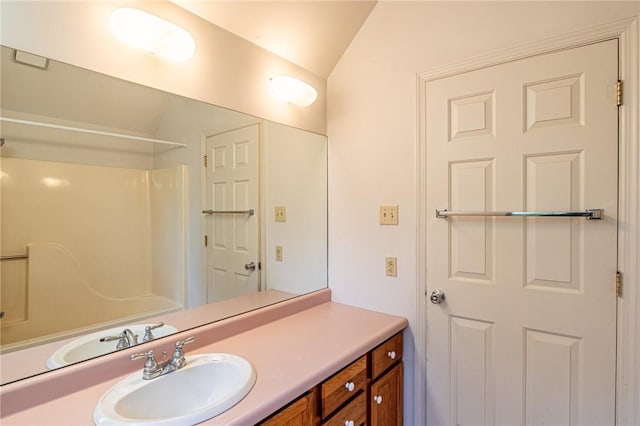 120 S 13th St, South Side, PA 15203 - bathroom with a shower, vaulted ceiling, and vanity