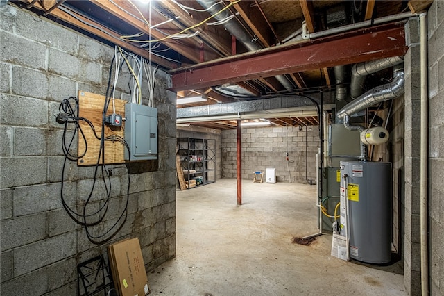 basement with electric panel and water heater