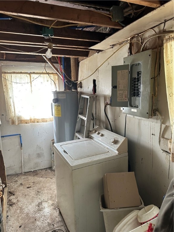 interior space with washer / dryer, electric water heater, and electric panel