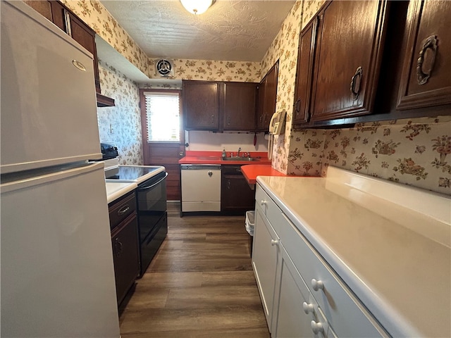 kitchen with a textured ceiling, dark hardwood / wood-style floors, dark brown cabinetry, sink, and white appliances