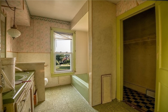 bathroom featuring vanity, toilet, and a tub