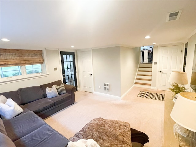 carpeted living room featuring heating unit