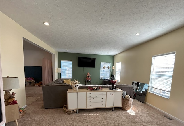 living room with plenty of natural light, light colored carpet, and a textured ceiling