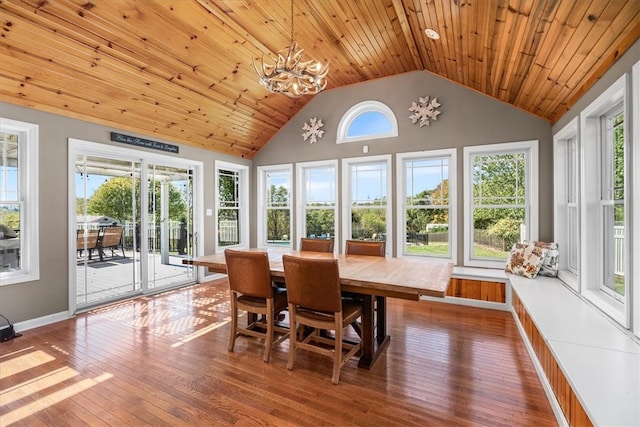 sunroom / solarium featuring an inviting chandelier, lofted ceiling, and wooden ceiling