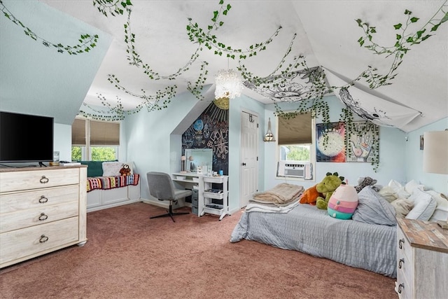 carpeted bedroom featuring cooling unit and multiple windows