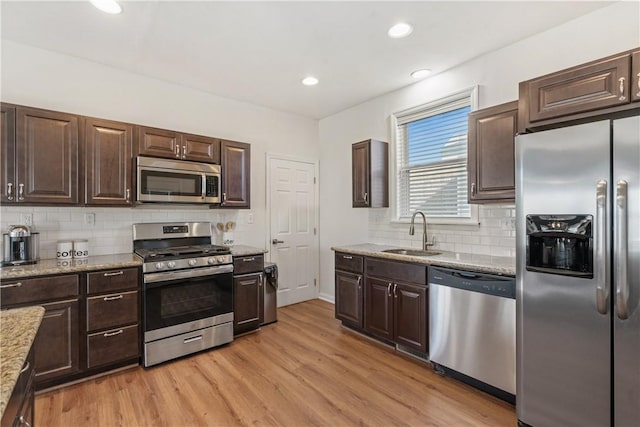 kitchen with sink, light stone counters, light hardwood / wood-style flooring, backsplash, and appliances with stainless steel finishes