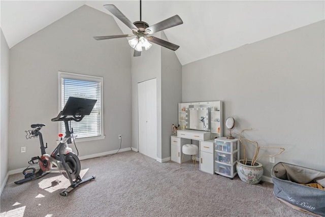 exercise area featuring light carpet, high vaulted ceiling, and ceiling fan