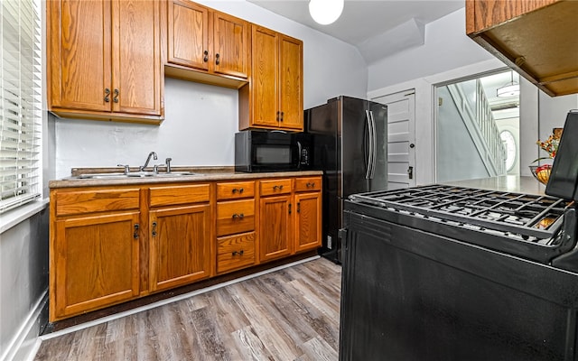 kitchen featuring light hardwood / wood-style floors, black appliances, and sink