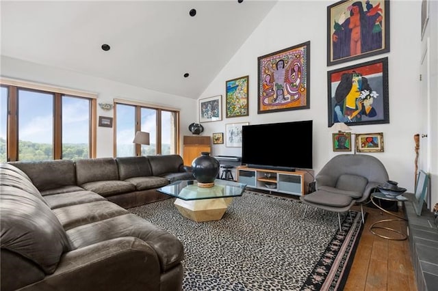 living room with hardwood / wood-style floors and high vaulted ceiling