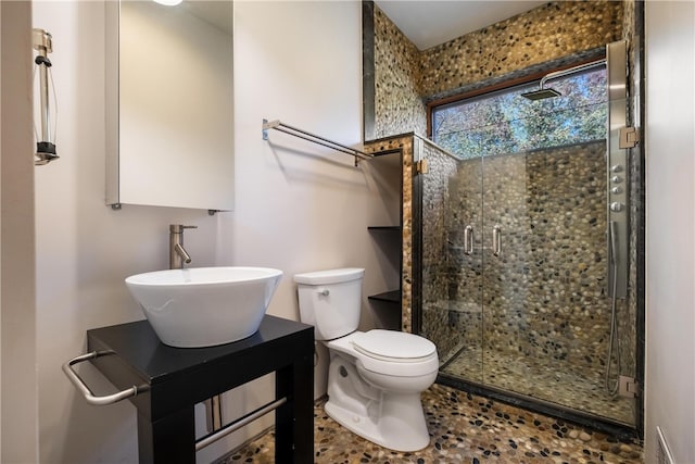 bathroom featuring vanity, toilet, and an enclosed shower