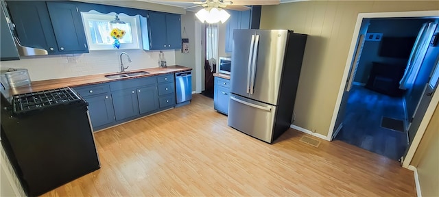 kitchen featuring sink, blue cabinets, wooden counters, and appliances with stainless steel finishes