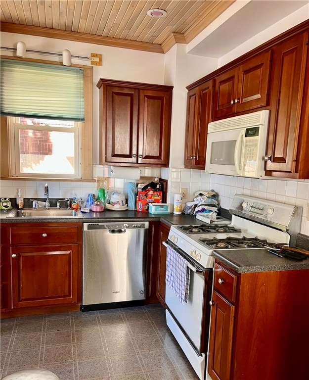 kitchen with tasteful backsplash, white appliances, crown molding, and wooden ceiling