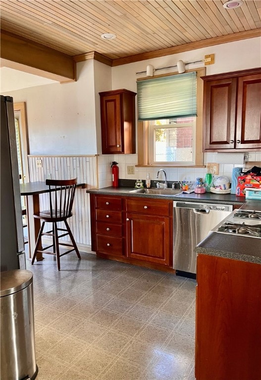 kitchen featuring dishwasher, sink, wooden ceiling, tasteful backsplash, and crown molding