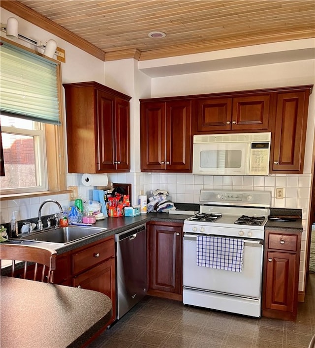 kitchen featuring wooden ceiling, white appliances, sink, and tasteful backsplash