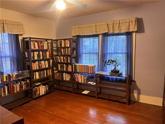 living area featuring ceiling fan, a healthy amount of sunlight, and dark hardwood / wood-style floors