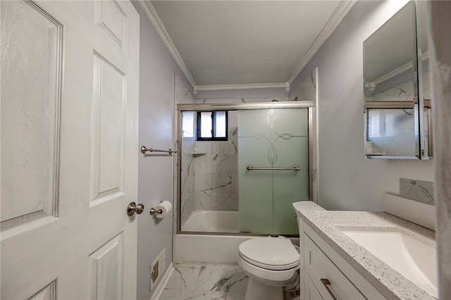 full bathroom with toilet, enclosed tub / shower combo, crown molding, and vanity