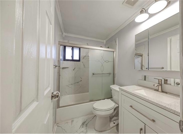 full bathroom with enclosed tub / shower combo, vanity, toilet, and crown molding