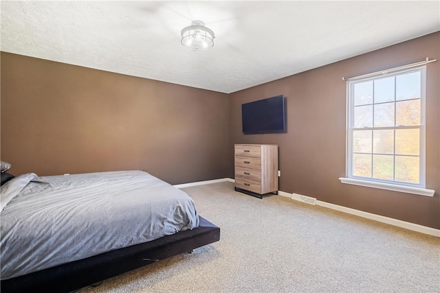 bedroom featuring carpet and a textured ceiling