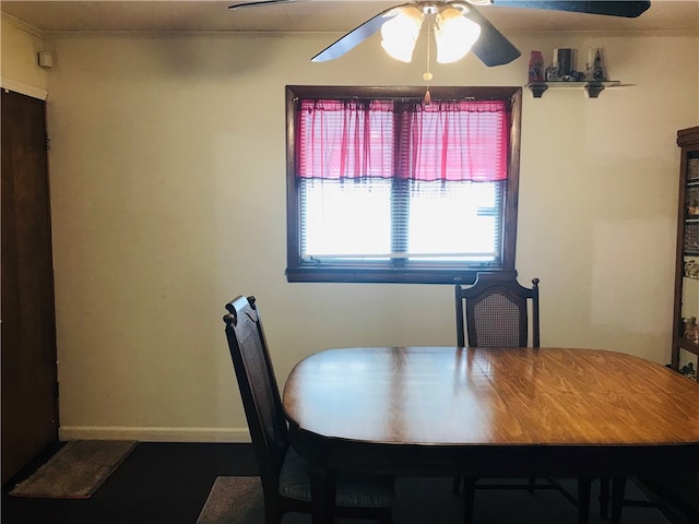 dining area featuring ceiling fan and crown molding