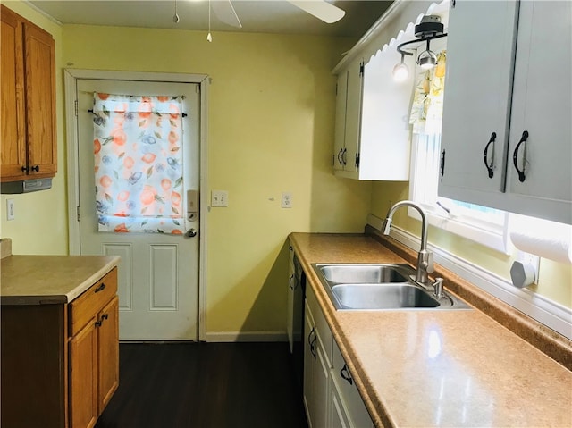 kitchen featuring sink, dark wood-type flooring, and ceiling fan