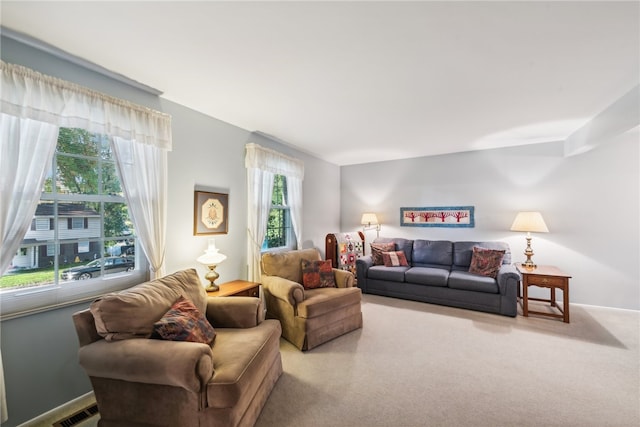 living room with light colored carpet