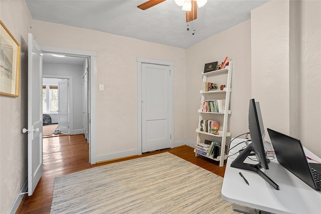 home office with ceiling fan and wood-type flooring