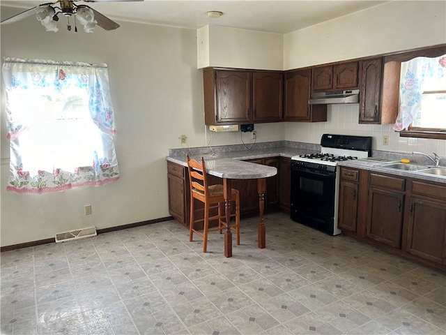 kitchen with a wealth of natural light, gas stove, ceiling fan, and sink