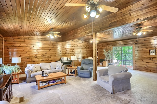 carpeted living room with wood ceiling and lofted ceiling