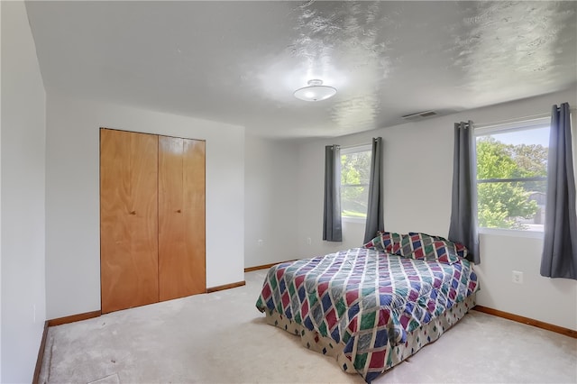 bedroom with multiple windows, a closet, and carpet flooring