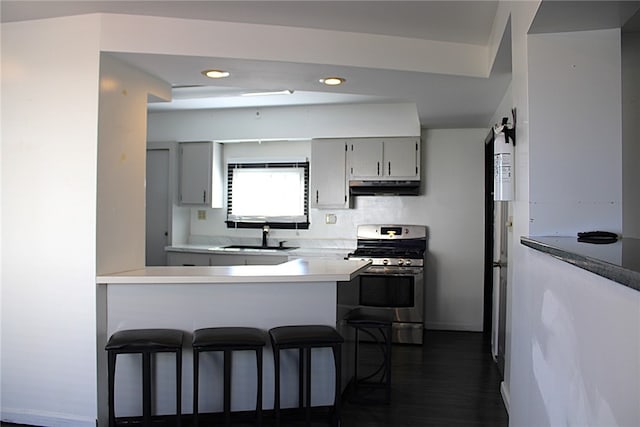 kitchen with kitchen peninsula, a breakfast bar area, a barn door, stainless steel stove, and sink