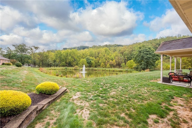 view of yard featuring a patio and a water view