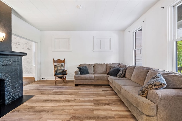 living room featuring a tile fireplace and light wood-type flooring