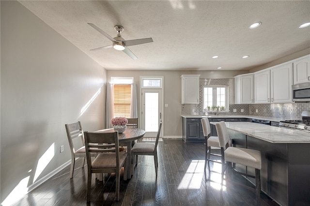 dining space with sink, a textured ceiling, dark hardwood / wood-style floors, and ceiling fan