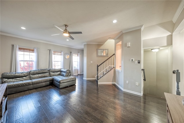 living room featuring ornamental molding, dark hardwood / wood-style floors, and ceiling fan