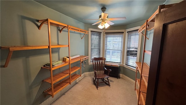 interior space featuring carpet flooring, ceiling fan, and radiator heating unit