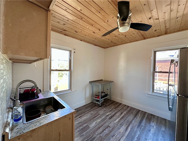 kitchen with sink, wooden ceiling, dark hardwood / wood-style flooring, and stainless steel fridge