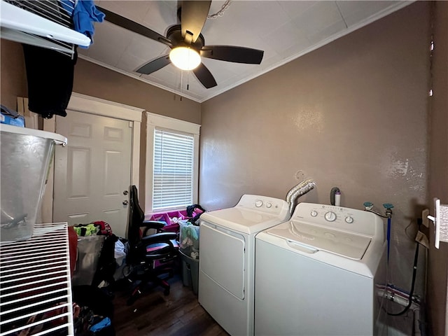 laundry area featuring ornamental molding, dark wood-type flooring, independent washer and dryer, and ceiling fan