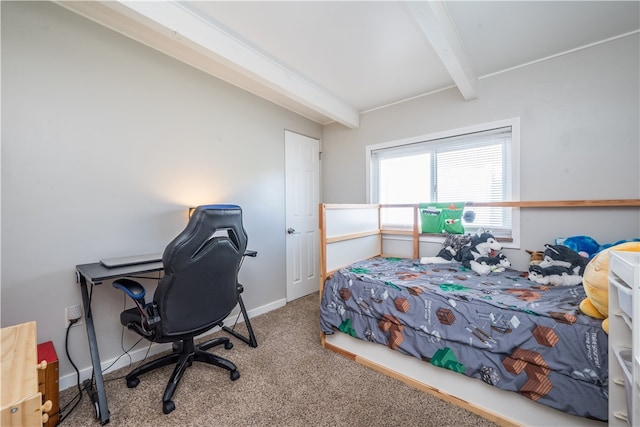 carpeted bedroom featuring beamed ceiling