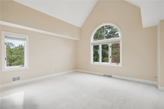 empty room featuring high vaulted ceiling, carpet floors, and a healthy amount of sunlight