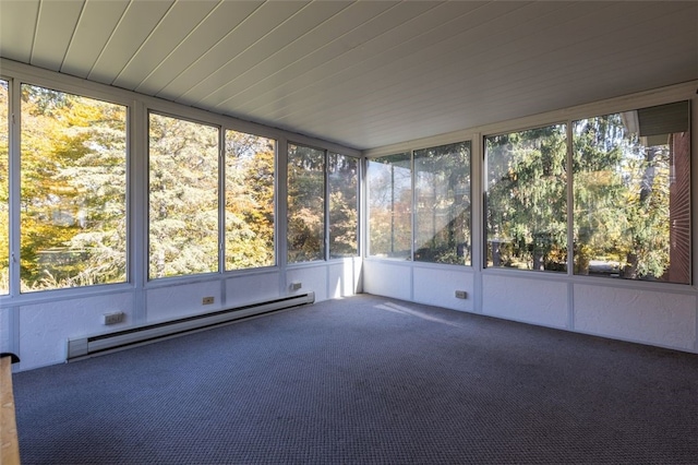 unfurnished sunroom featuring a baseboard radiator and plenty of natural light